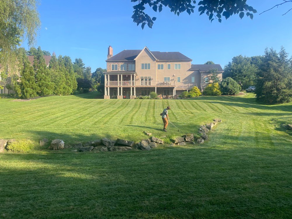 Freshly striped lawn mowing alongside a dry-stack stone wall